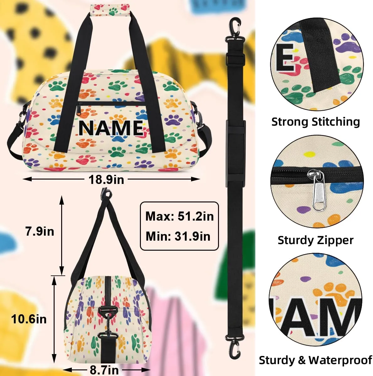 Colorful Paw Print Footprint Mini Gym Bag 18 inch for Women Men Waterproof Custom Paws Travel Duffel Bag Carry On Overnight Tote Nurse Bag for Work Fitness Hiking
