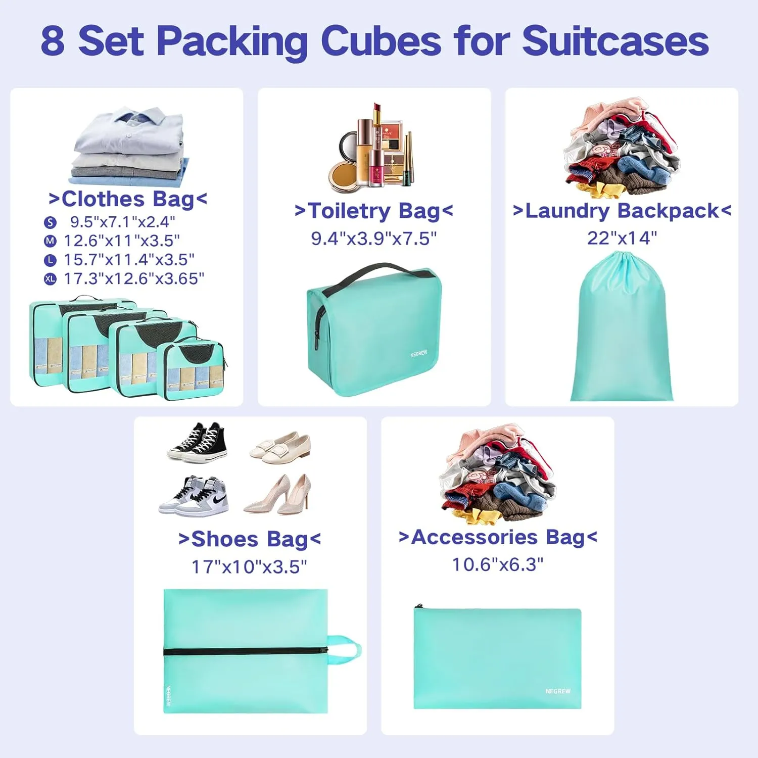 Compression Packing Cubes for Travel, 8 Set Packing Cubes for Suitcases, Breathable Mesh Travel Bags Organizer for Luggage Lightweight Vacation Essentials Accessories (Blue)