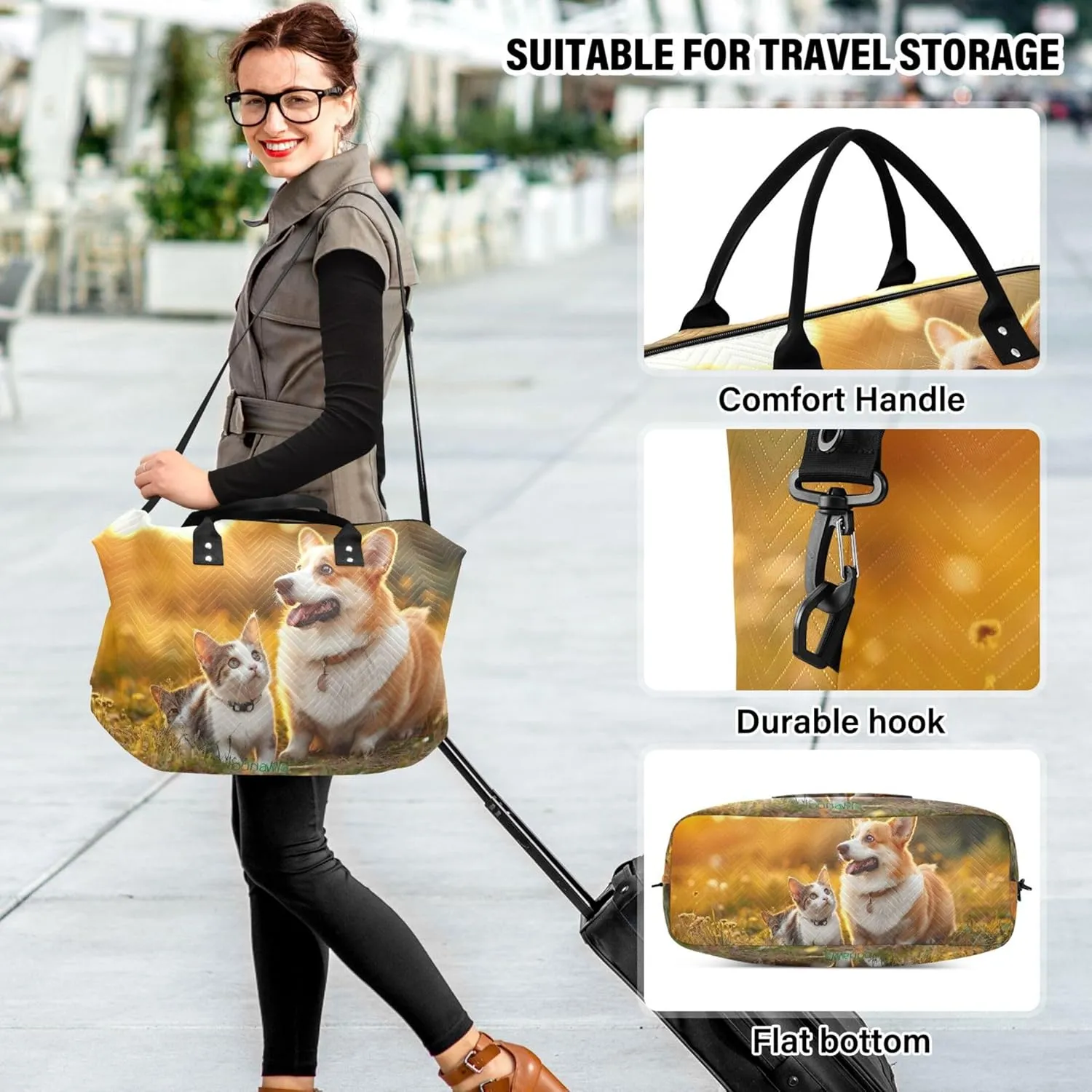 Corgi Cat Print Field Sunset Duffel Bags for Traveling Makeup Bag Set of 2, Print Women Gym Tote Bags Carry on Duffle