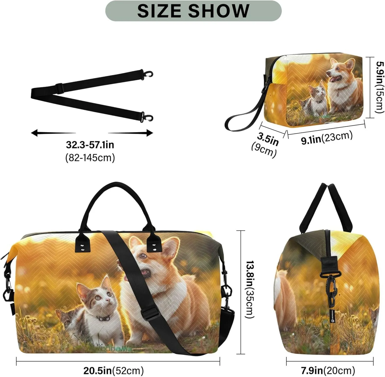Corgi Cat Print Field Sunset Duffel Bags for Traveling Makeup Bag Set of 2, Print Women Gym Tote Bags Carry on Duffle