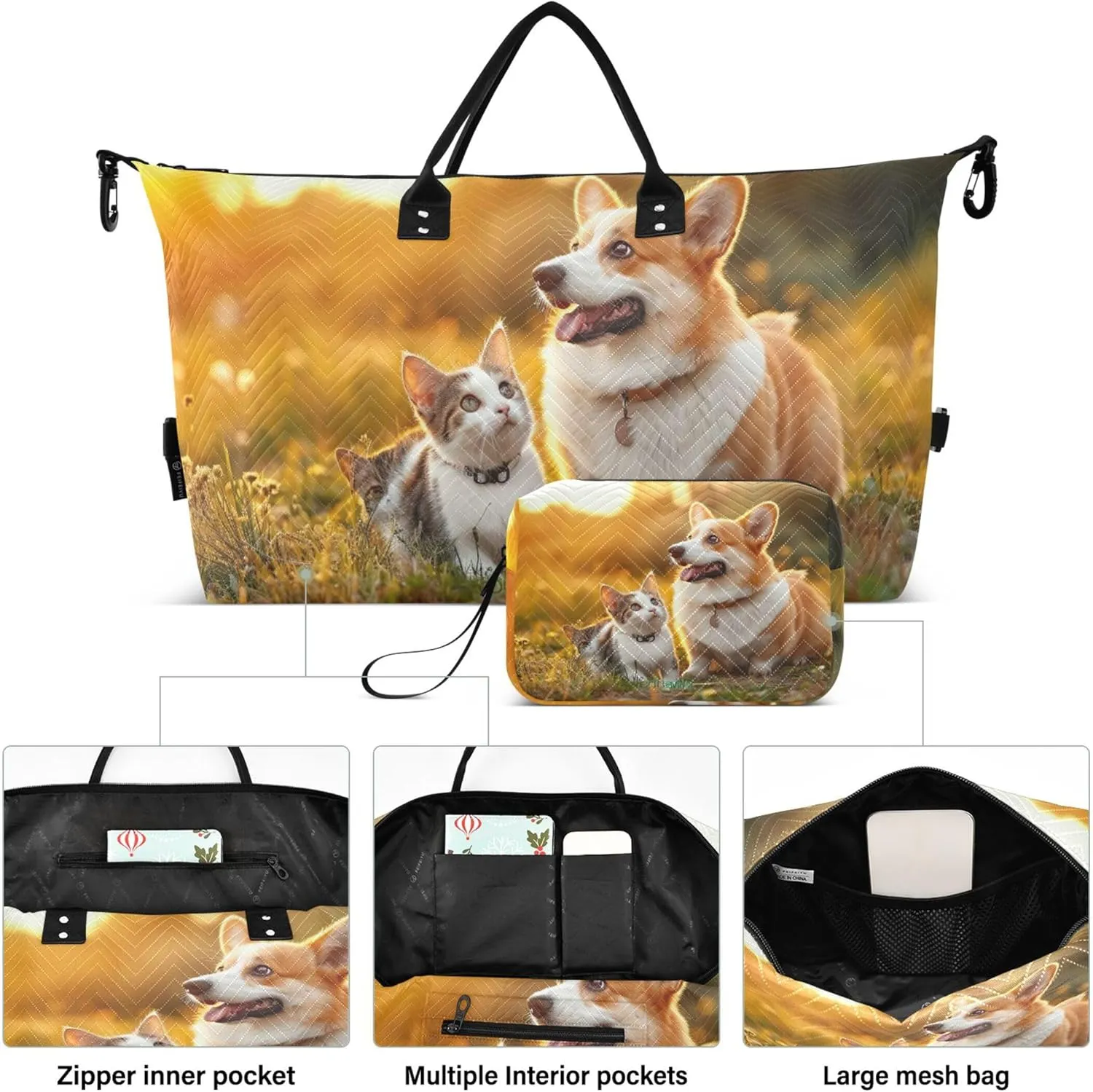 Corgi Cat Print Field Sunset Duffel Bags for Traveling Makeup Bag Set of 2, Print Women Gym Tote Bags Carry on Duffle