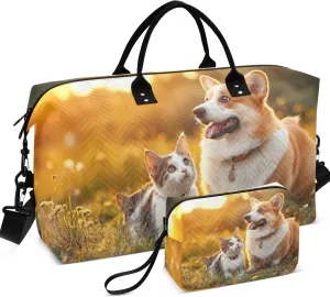 Corgi Cat Print Field Sunset Duffel Bags for Traveling Makeup Bag Set of 2, Print Women Gym Tote Bags Carry on Duffle