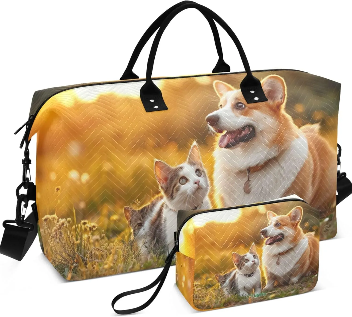 Corgi Cat Print Field Sunset Duffel Bags for Traveling Makeup Bag Set of 2, Print Women Gym Tote Bags Carry on Duffle