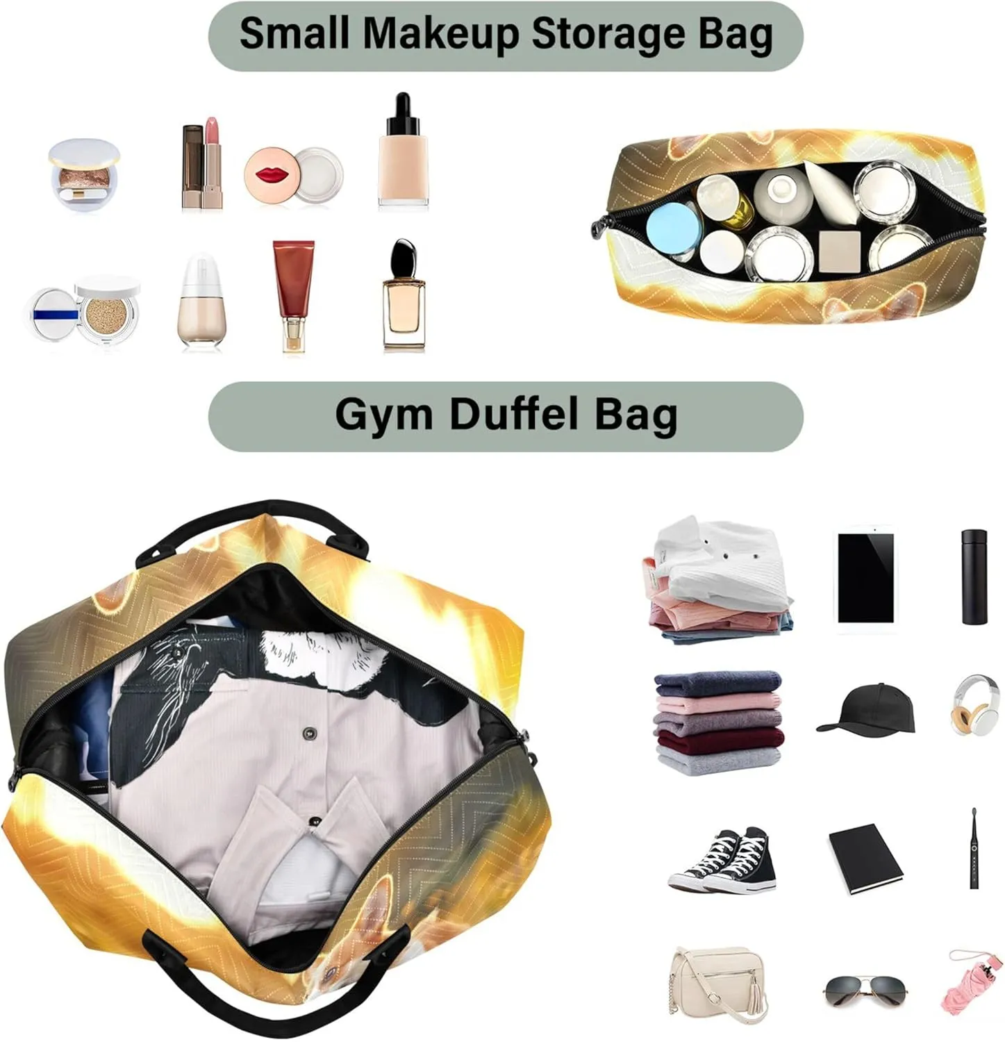 Corgi Cat Print Field Sunset Duffel Bags for Traveling Makeup Bag Set of 2, Print Women Gym Tote Bags Carry on Duffle