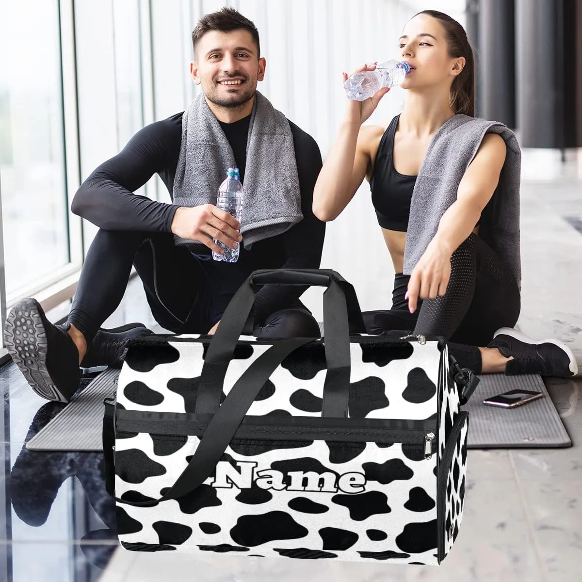 Cow Print Personalized Monogrammed Gym Duffel Bag with Shoe Compartment Cow Print Large Sport Gym Bags Overnight Travel Bags Weekender Bag with Custom Name & Text