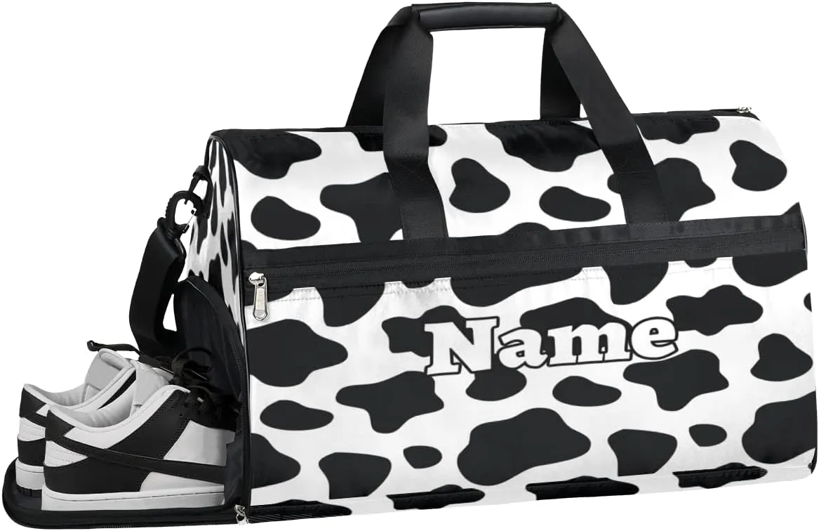 Cow Print Personalized Monogrammed Gym Duffel Bag with Shoe Compartment Cow Print Large Sport Gym Bags Overnight Travel Bags Weekender Bag with Custom Name & Text