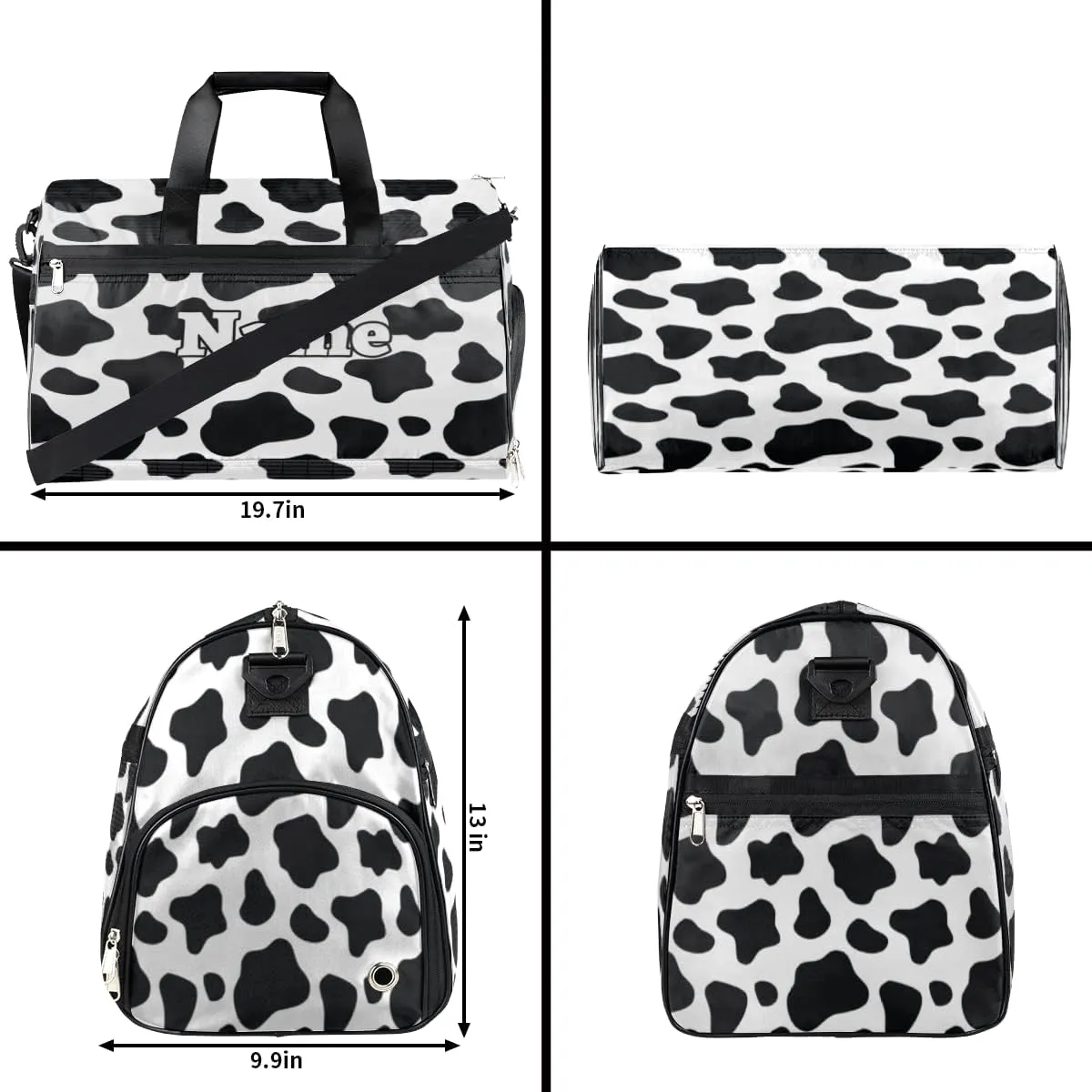 Cow Print Personalized Monogrammed Gym Duffel Bag with Shoe Compartment Cow Print Large Sport Gym Bags Overnight Travel Bags Weekender Bag with Custom Name & Text