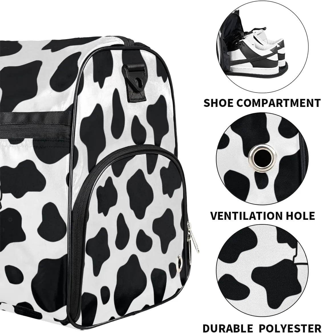 Cow Print Personalized Monogrammed Gym Duffel Bag with Shoe Compartment Cow Print Large Sport Gym Bags Overnight Travel Bags Weekender Bag with Custom Name & Text