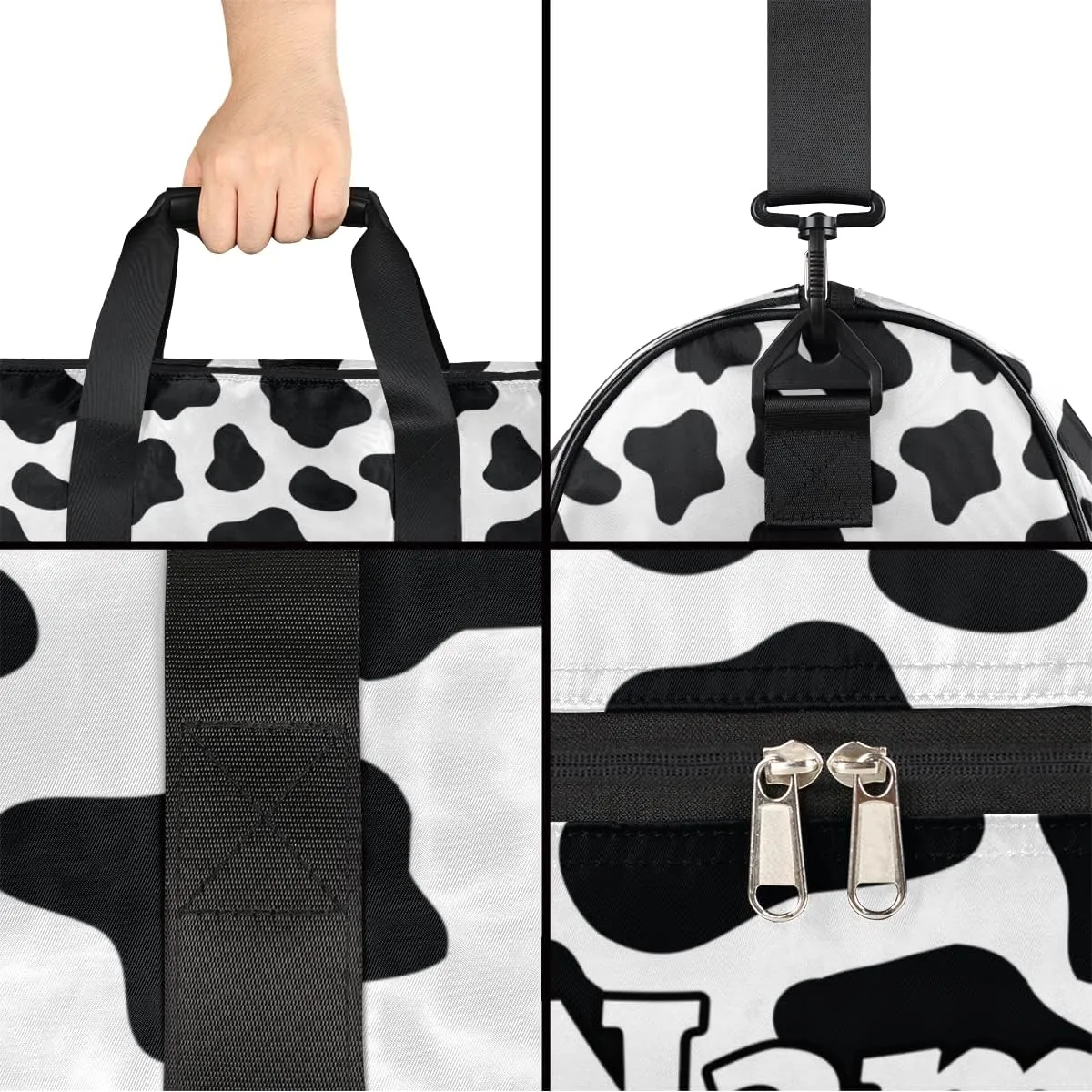 Cow Print Personalized Monogrammed Gym Duffel Bag with Shoe Compartment Cow Print Large Sport Gym Bags Overnight Travel Bags Weekender Bag with Custom Name & Text