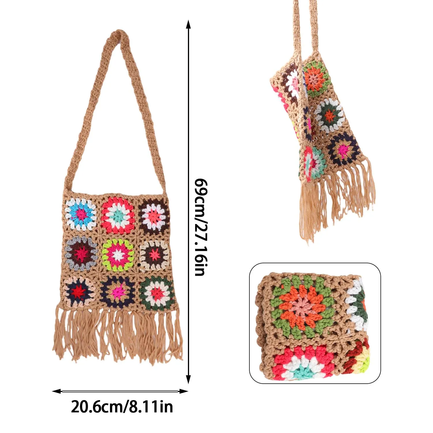 Crochet Crossbody Bag,Women's Crochet Bag Boho Flower Tassel Bag Bag Woven Crochet Crossbody Bag Crochet Tote Bag Crochet Bag Knit Purse Tote Bag Beach Purse (Khaki)