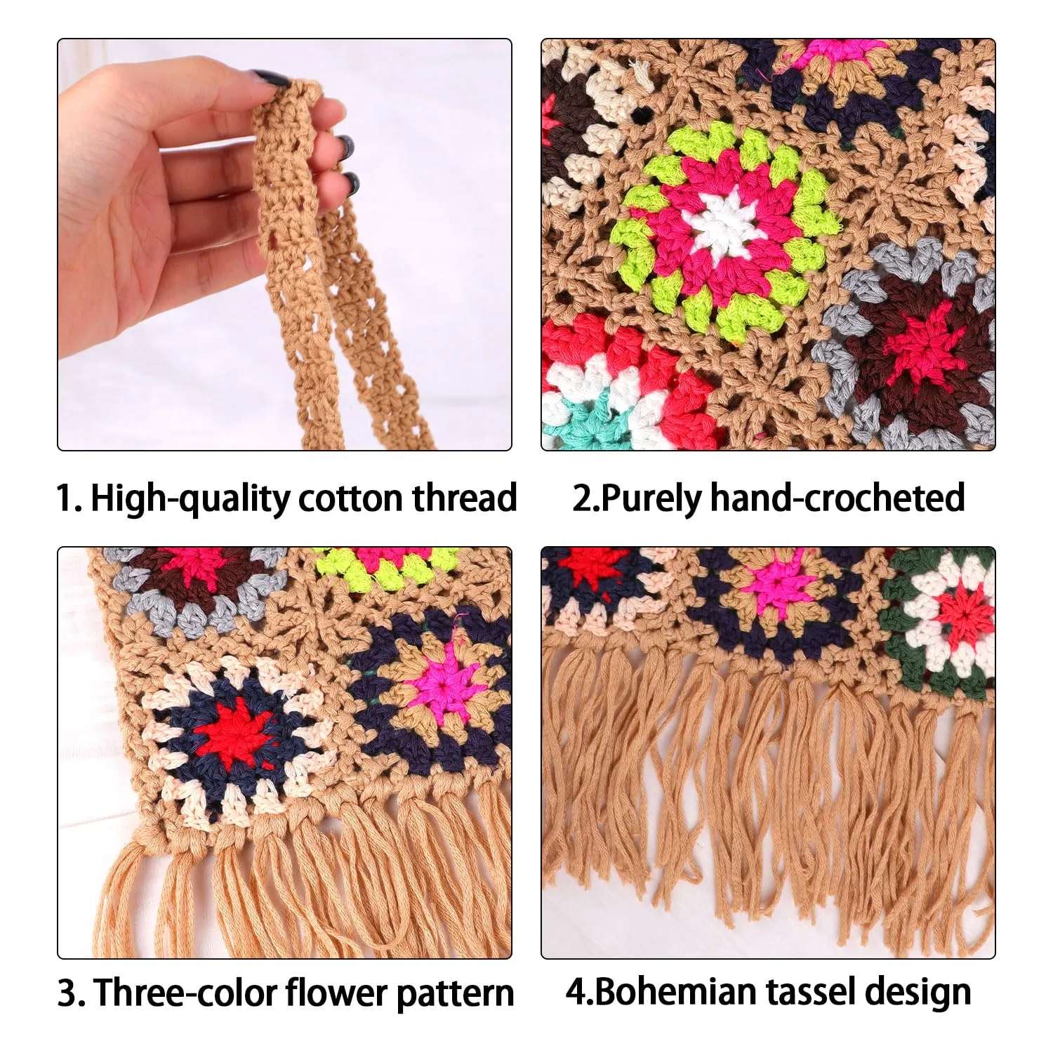 Crochet Crossbody Bag,Women's Crochet Bag Boho Flower Tassel Bag Bag Woven Crochet Crossbody Bag Crochet Tote Bag Crochet Bag Knit Purse Tote Bag Beach Purse (Khaki)