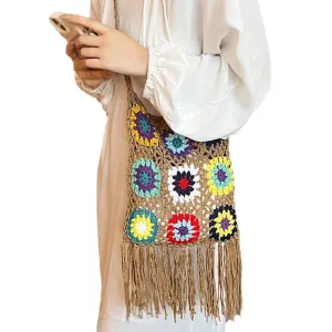 Crochet Crossbody Bag,Women's Crochet Bag Boho Flower Tassel Bag Bag Woven Crochet Crossbody Bag Crochet Tote Bag Crochet Bag Knit Purse Tote Bag Beach Purse (Khaki)