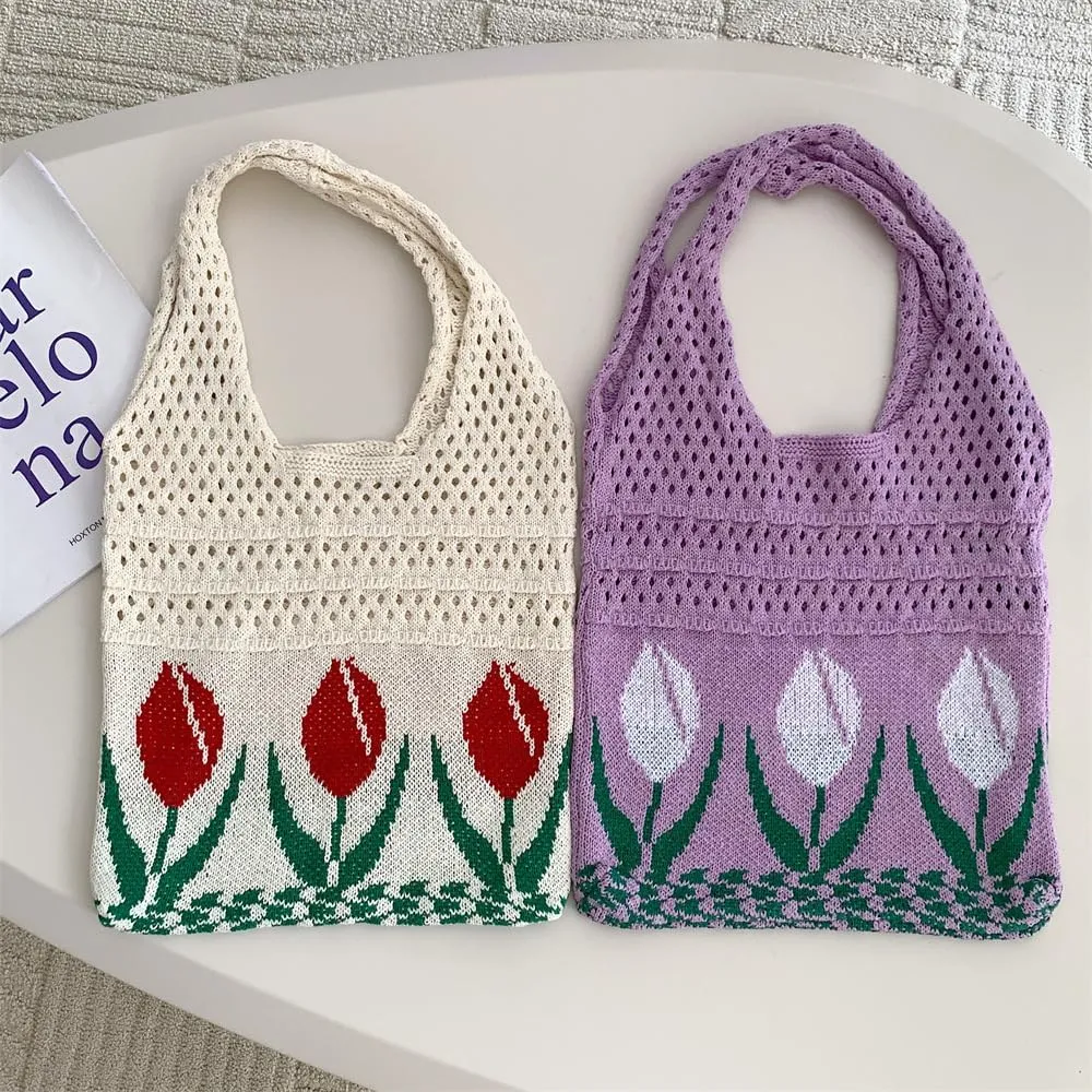 Crochet Tote Bag Women's Summer Aesthetic Mesh Beach Bags Knitting Handbags Cute