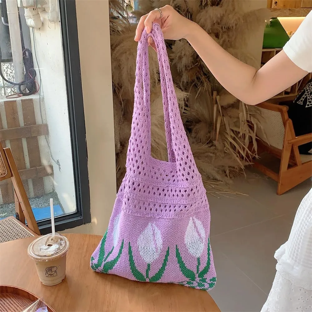 Crochet Tote Bag Women's Summer Aesthetic Mesh Beach Bags Knitting Handbags Cute