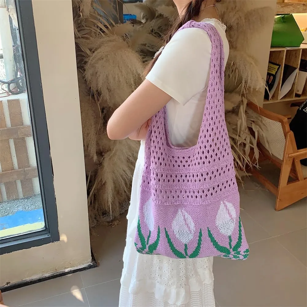 Crochet Tote Bag Women's Summer Aesthetic Mesh Beach Bags Knitting Handbags Cute
