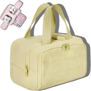Curetoawayz Travel Cosmetic Bag, Large Capacity Wide-Open Travel Cosmetic Bag, With 4 Compartments, Waterproof/Portable/Wet and Dry Separation (Yellow)