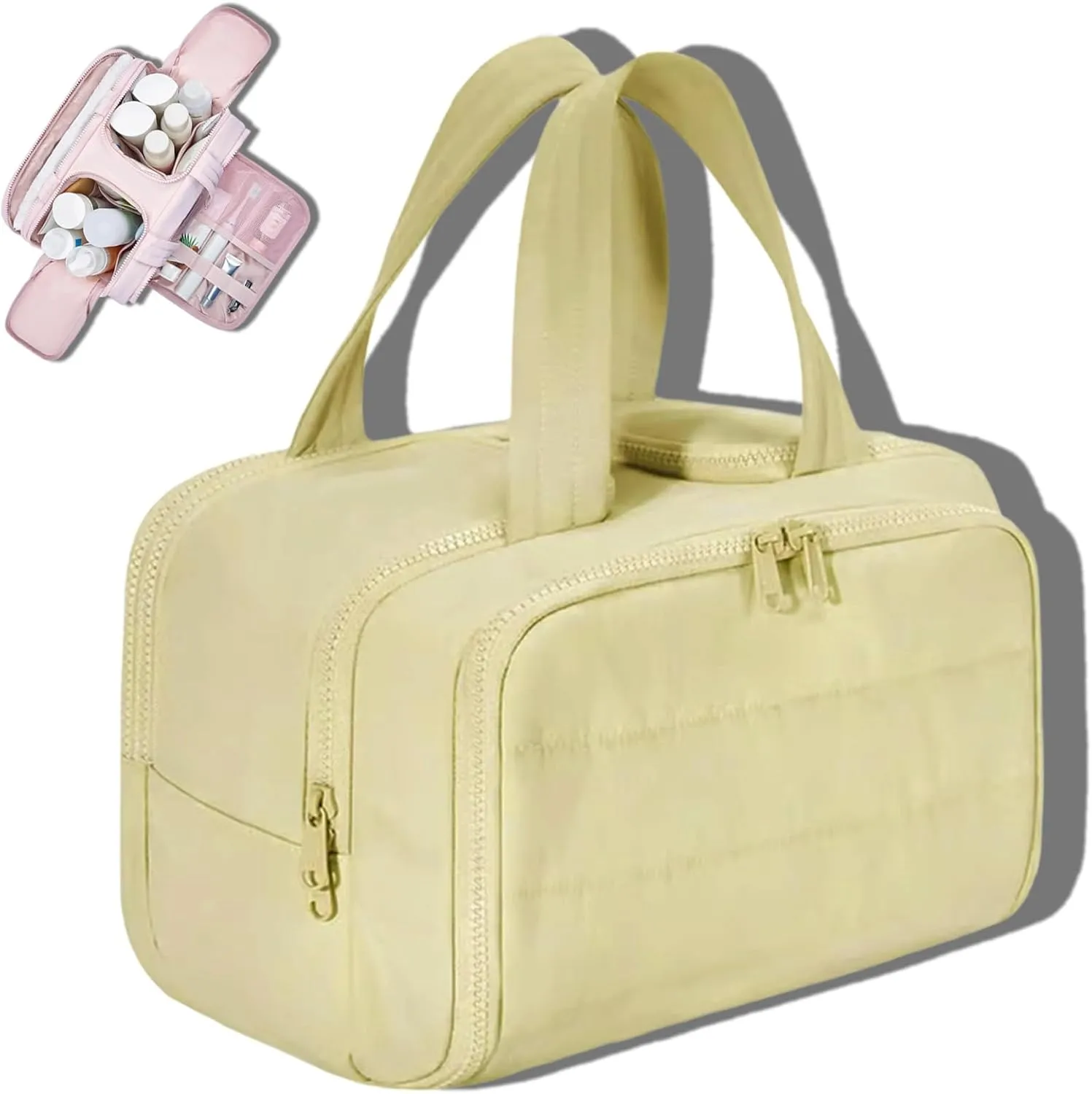 Curetoawayz Travel Cosmetic Bag, Large Capacity Wide-Open Travel Cosmetic Bag, With 4 Compartments, Waterproof/Portable/Wet and Dry Separation (Yellow)