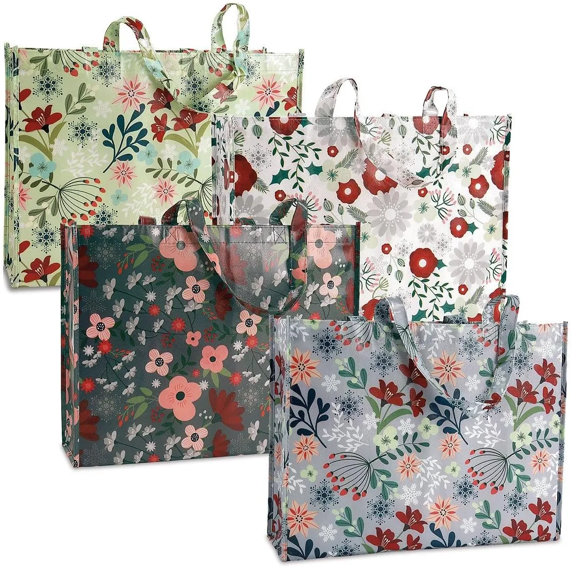 Current Winter Floral Reusable Large Shopping Totes - Set of 4, 4 Unique Designs, 16" x 5" 13" Lightweight, Grocery Bag 16 x 5 x 13”