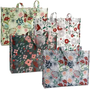 Current Winter Floral Reusable Large Shopping Totes - Set of 4, 4 Unique Designs, 16" x 5" 13" Lightweight, Grocery Bag 16 x 5 x 13”