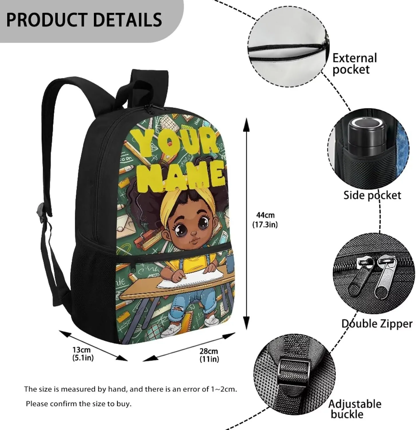 Custom Africa Girl Backpack for Girls & Boys, 17 Inch Backpacks for School, Cute Lightweight Bookbag with Side Pocket for Kids