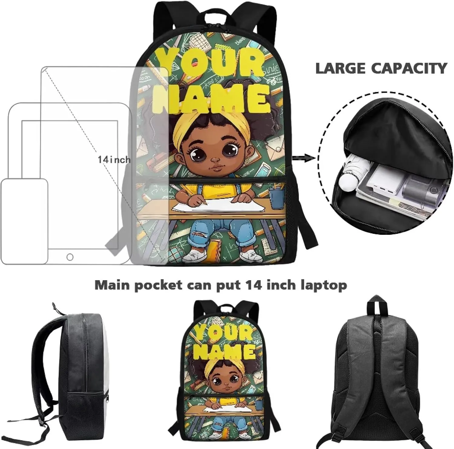 Custom Africa Girl Backpack for Girls & Boys, 17 Inch Backpacks for School, Cute Lightweight Bookbag with Side Pocket for Kids