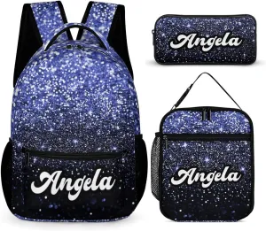 Custom Blue Glitter Spark Print Navy Backpack with Lunch Box Set, Personalized Name Multipurpose Daypacks School Bags Bookbag for Boys Girls