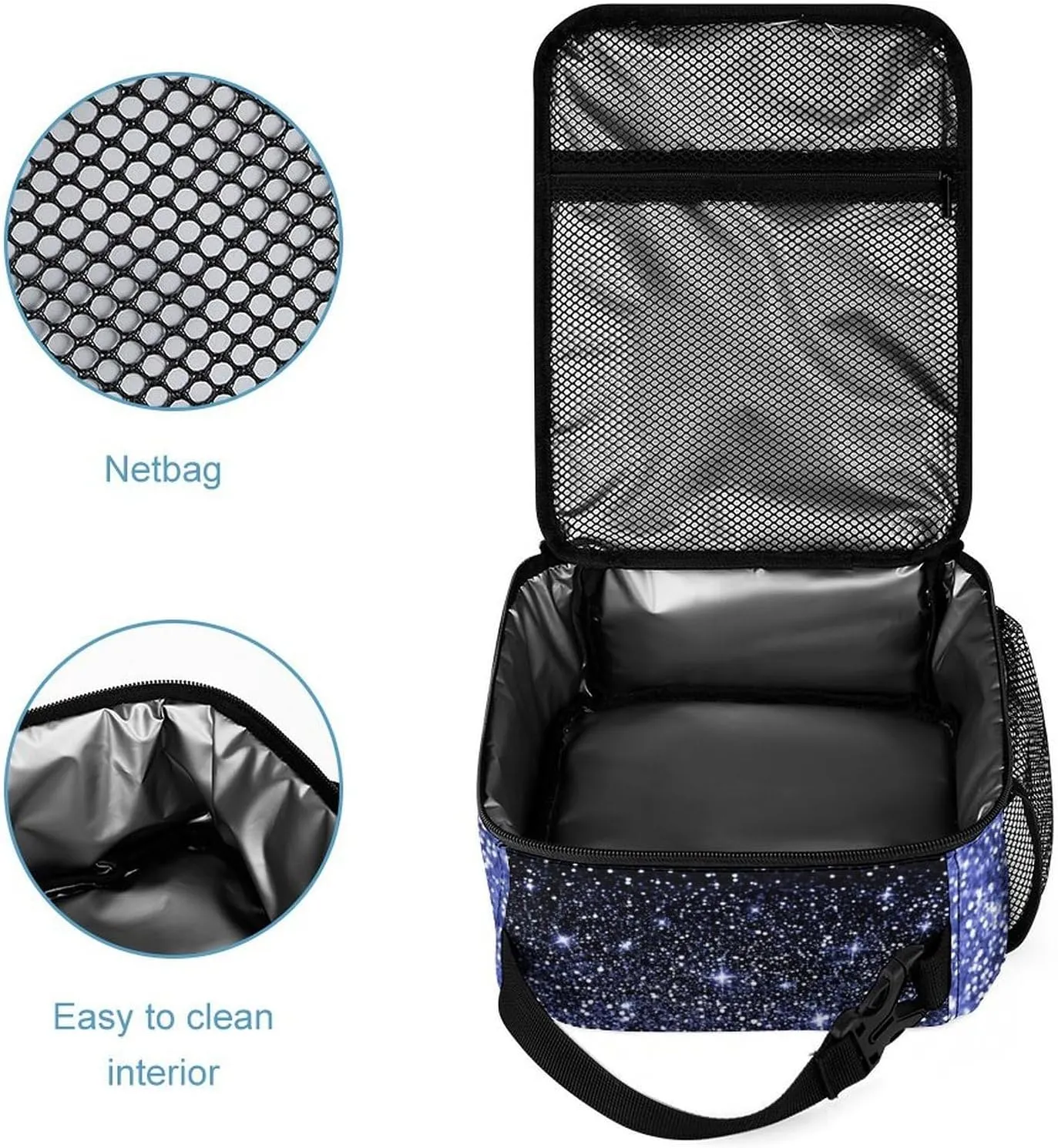 Custom Blue Glitter Spark Print Navy Backpack with Lunch Box Set, Personalized Name Multipurpose Daypacks School Bags Bookbag for Boys Girls