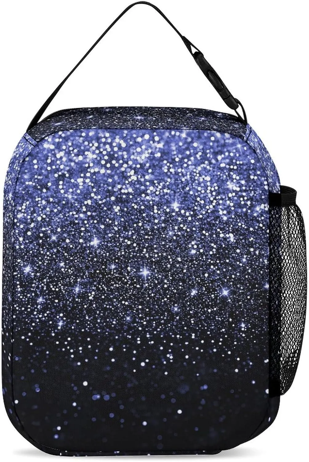 Custom Blue Glitter Spark Print Navy Backpack with Lunch Box Set, Personalized Name Multipurpose Daypacks School Bags Bookbag for Boys Girls