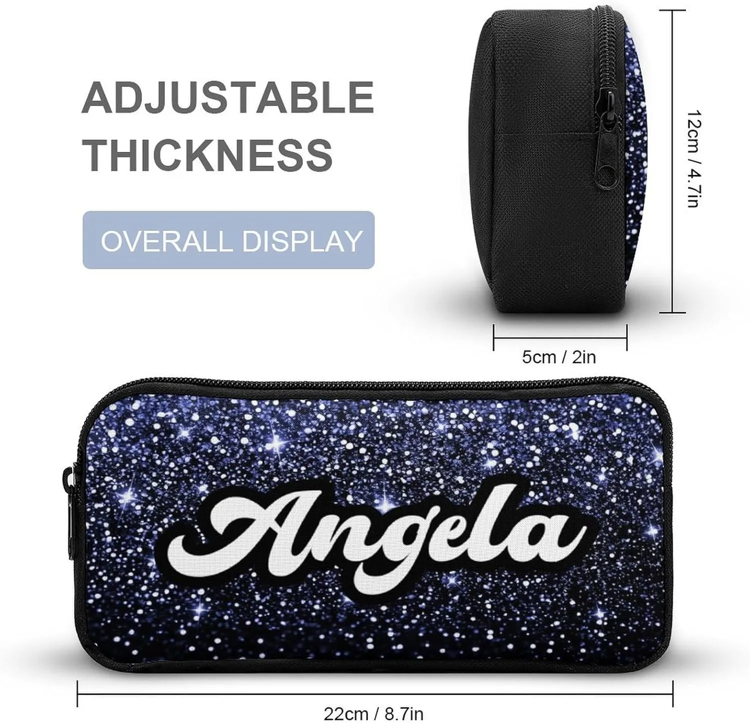 Custom Blue Glitter Spark Print Navy Backpack with Lunch Box Set, Personalized Name Multipurpose Daypacks School Bags Bookbag for Boys Girls