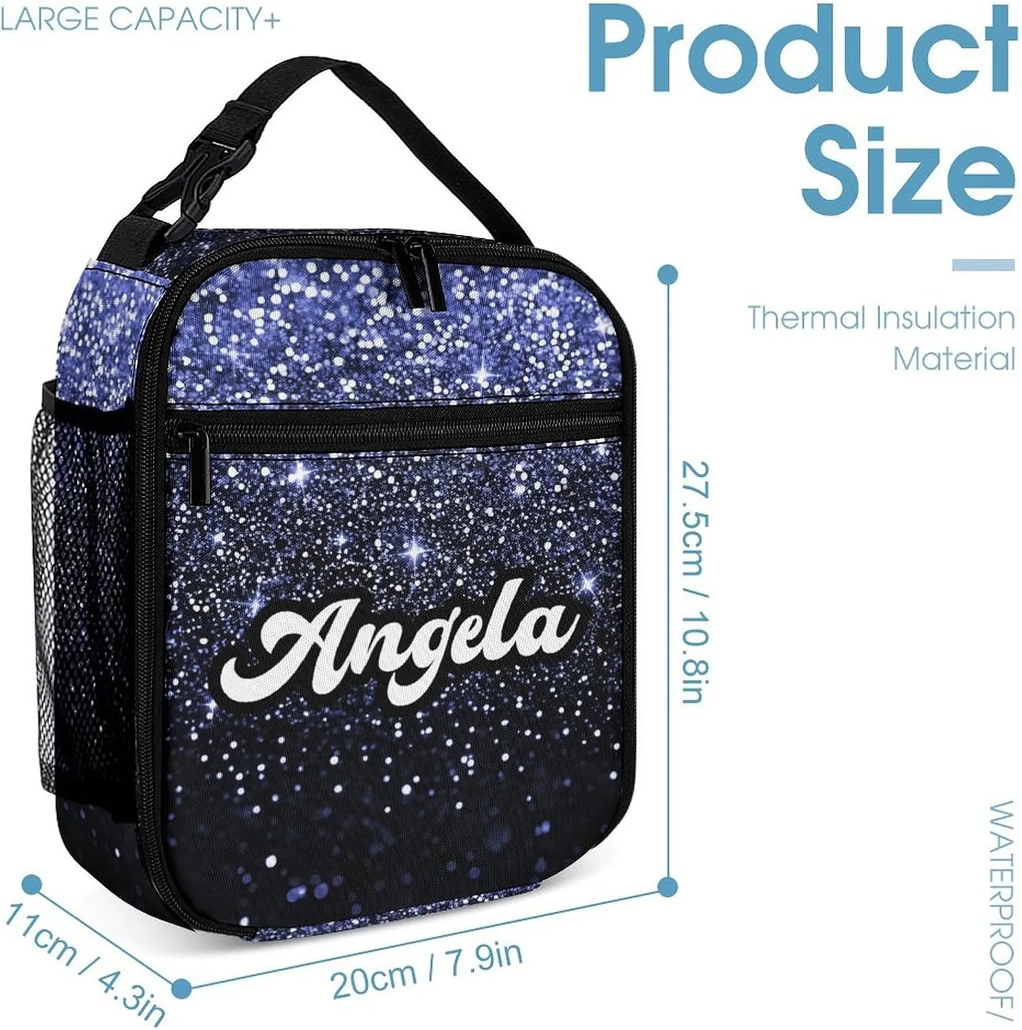 Custom Blue Glitter Spark Print Navy Backpack with Lunch Box Set, Personalized Name Multipurpose Daypacks School Bags Bookbag for Boys Girls