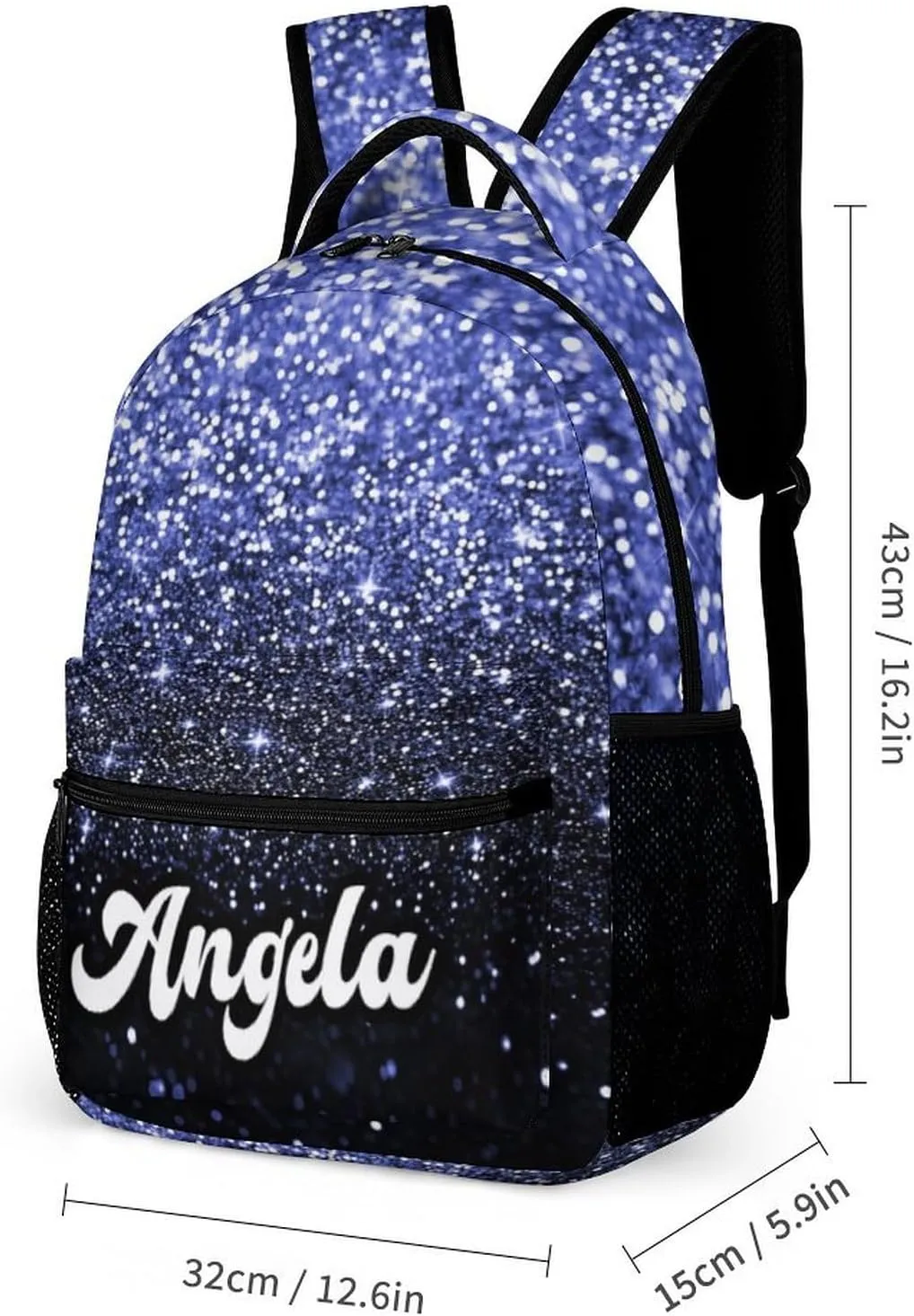 Custom Blue Glitter Spark Print Navy Backpack with Lunch Box Set, Personalized Name Multipurpose Daypacks School Bags Bookbag for Boys Girls