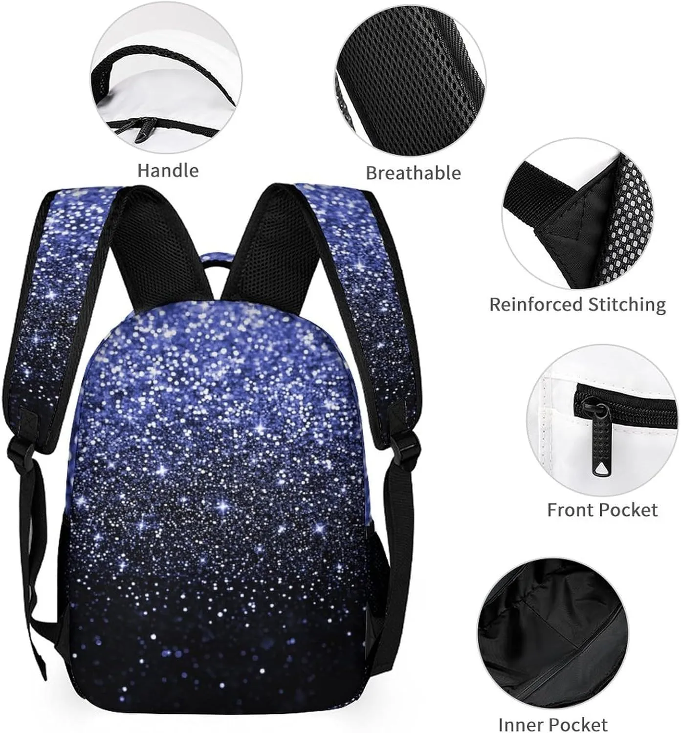 Custom Blue Glitter Spark Print Navy Backpack with Lunch Box Set, Personalized Name Multipurpose Daypacks School Bags Bookbag for Boys Girls