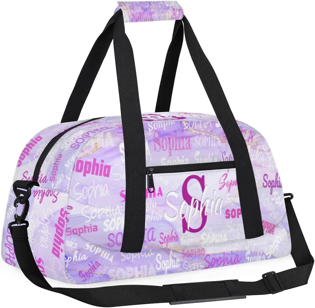 Custom Dance Bag Girls, Personalized Name Gymnastics Sport Cheerleader Bag Barrel Ballet Silhouette Duffel Bag Women, Purple Marble Texture