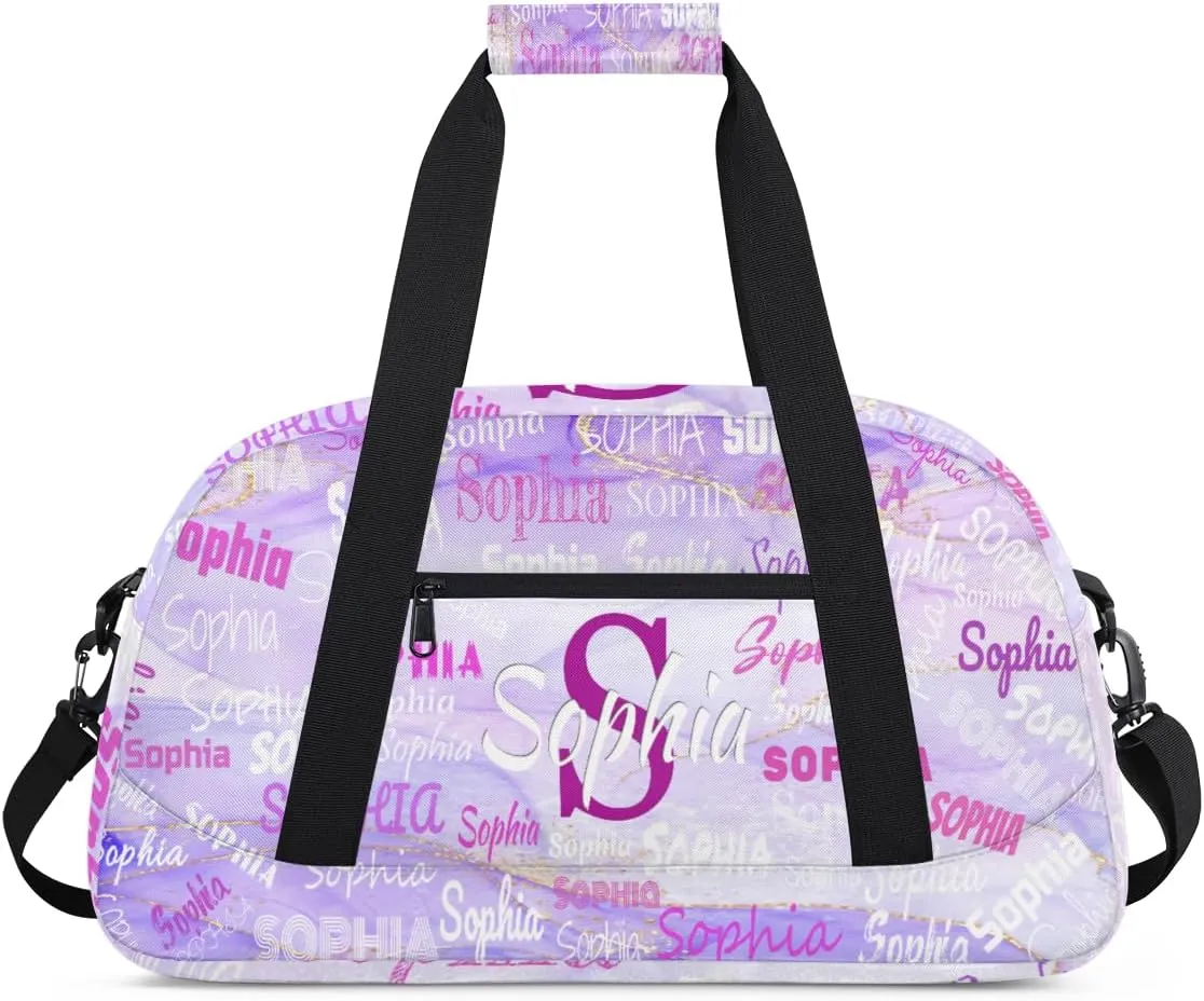 Custom Dance Bag Girls, Personalized Name Gymnastics Sport Cheerleader Bag Barrel Ballet Silhouette Duffel Bag Women, Purple Marble Texture