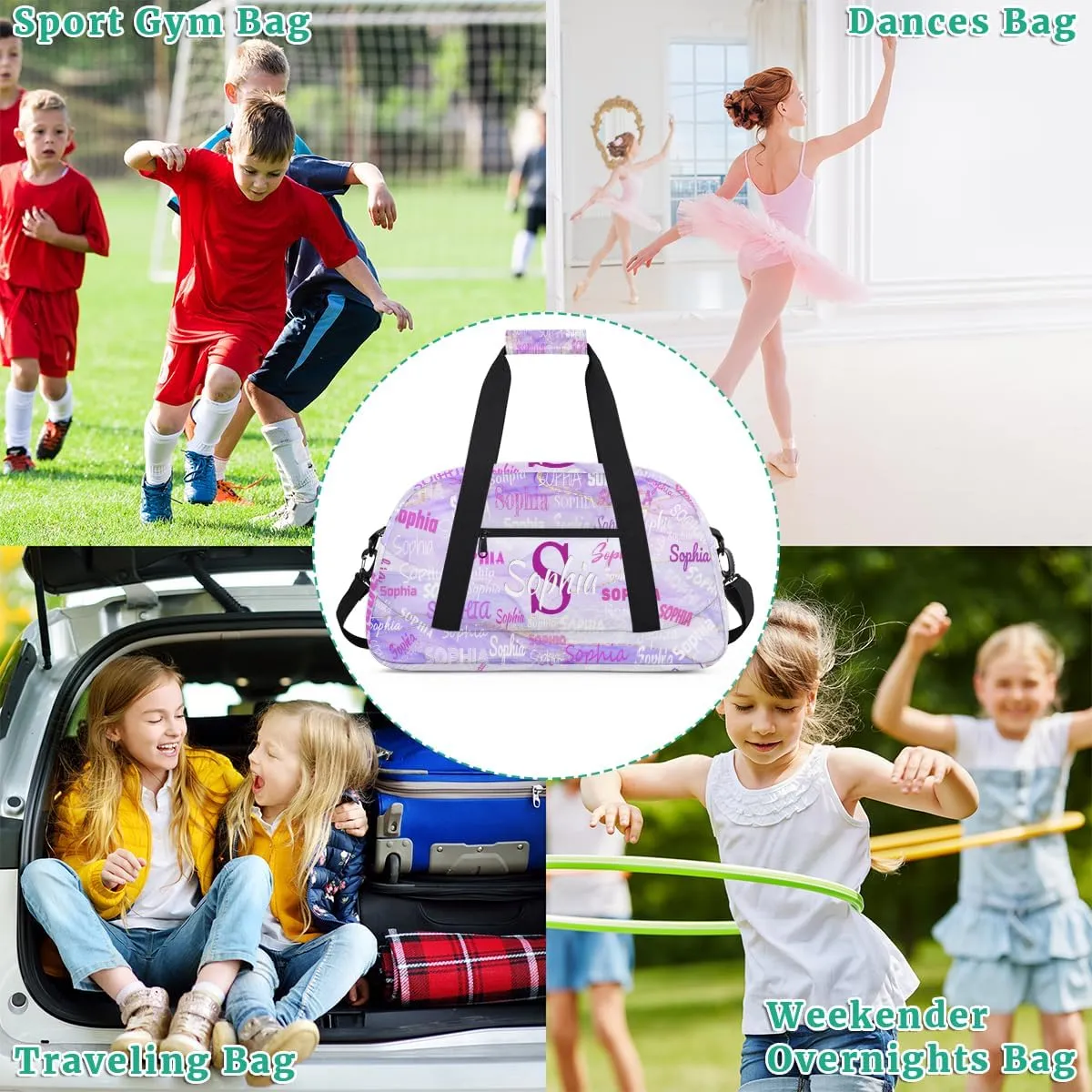 Custom Dance Bag Girls, Personalized Name Gymnastics Sport Cheerleader Bag Barrel Ballet Silhouette Duffel Bag Women, Purple Marble Texture