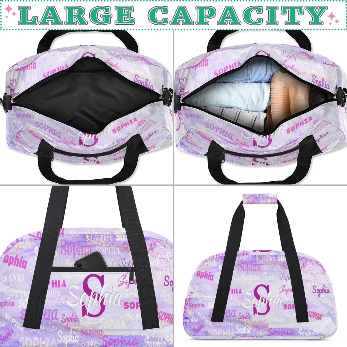 Custom Dance Bag Girls, Personalized Name Gymnastics Sport Cheerleader Bag Barrel Ballet Silhouette Duffel Bag Women, Purple Marble Texture
