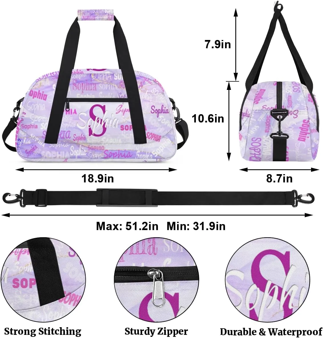 Custom Dance Bag Girls, Personalized Name Gymnastics Sport Cheerleader Bag Barrel Ballet Silhouette Duffel Bag Women, Purple Marble Texture