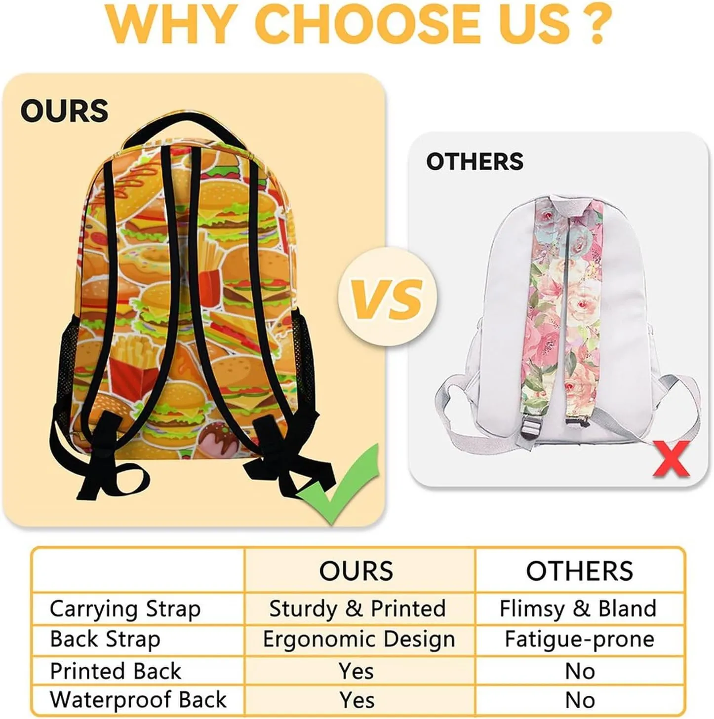 Custom Hamburger Backpack for Boys, 16 Inch Yellow Backpacks for Teens, Cute Lightweight Bookbag for Middle School