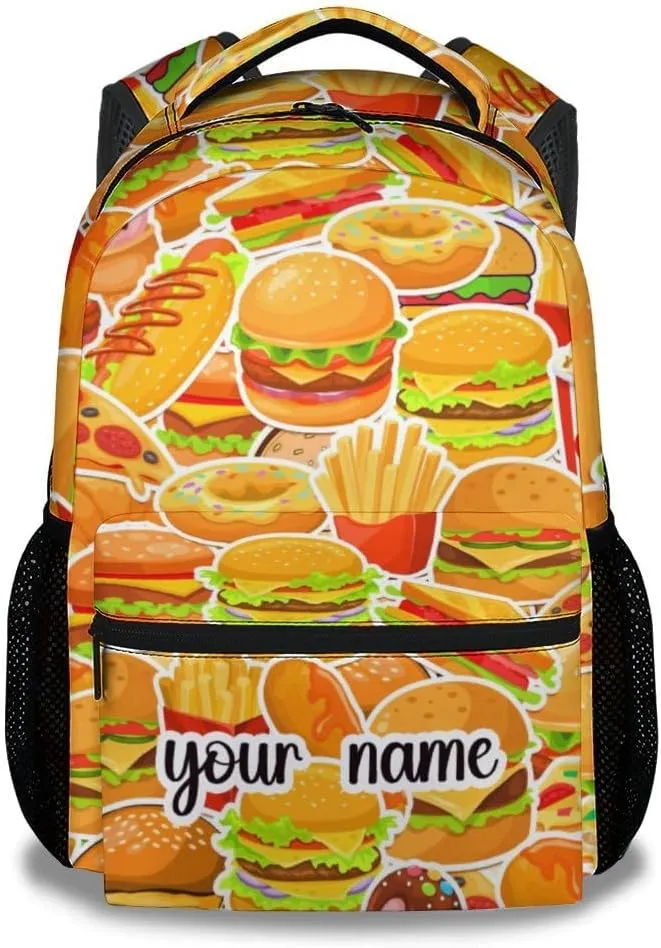 Custom Hamburger Backpack for Boys, 16 Inch Yellow Backpacks for Teens, Cute Lightweight Bookbag for Middle School