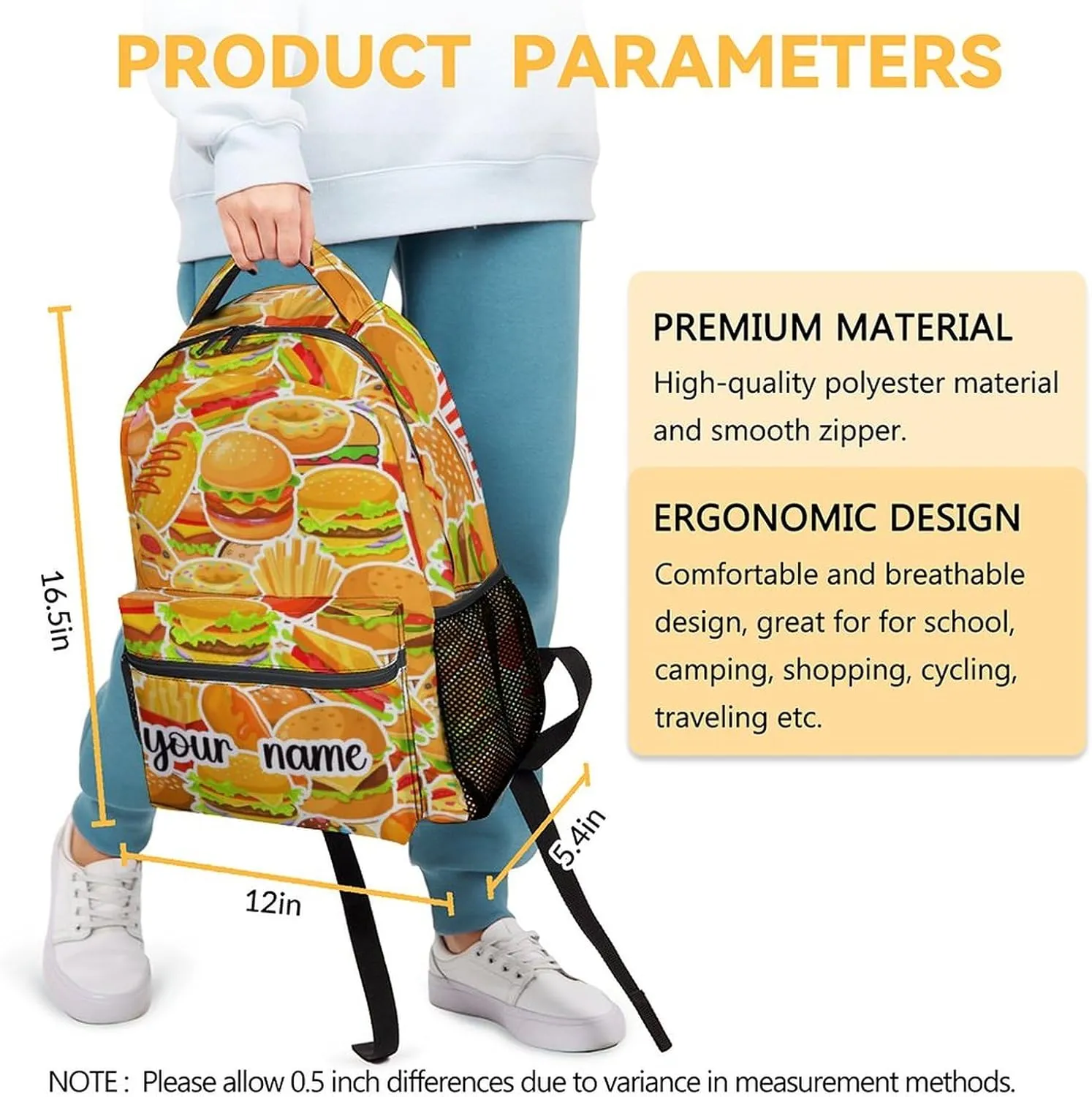 Custom Hamburger Backpack for Boys, 16 Inch Yellow Backpacks for Teens, Cute Lightweight Bookbag for Middle School