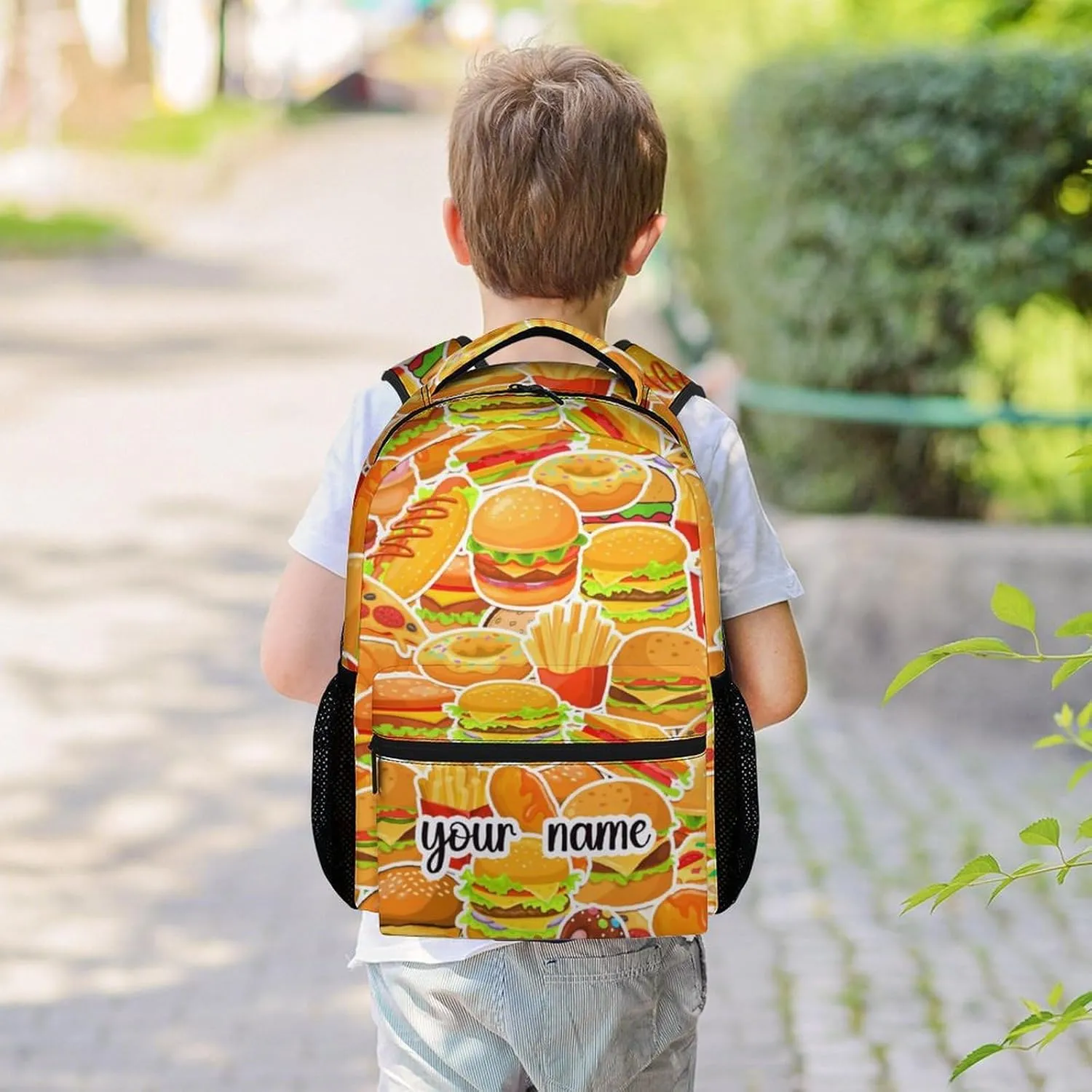 Custom Hamburger Backpack for Boys, 16 Inch Yellow Backpacks for Teens, Cute Lightweight Bookbag for Middle School