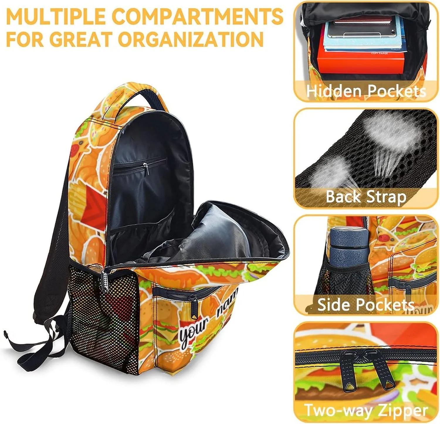 Custom Hamburger Backpack for Boys, 16 Inch Yellow Backpacks for Teens, Cute Lightweight Bookbag for Middle School
