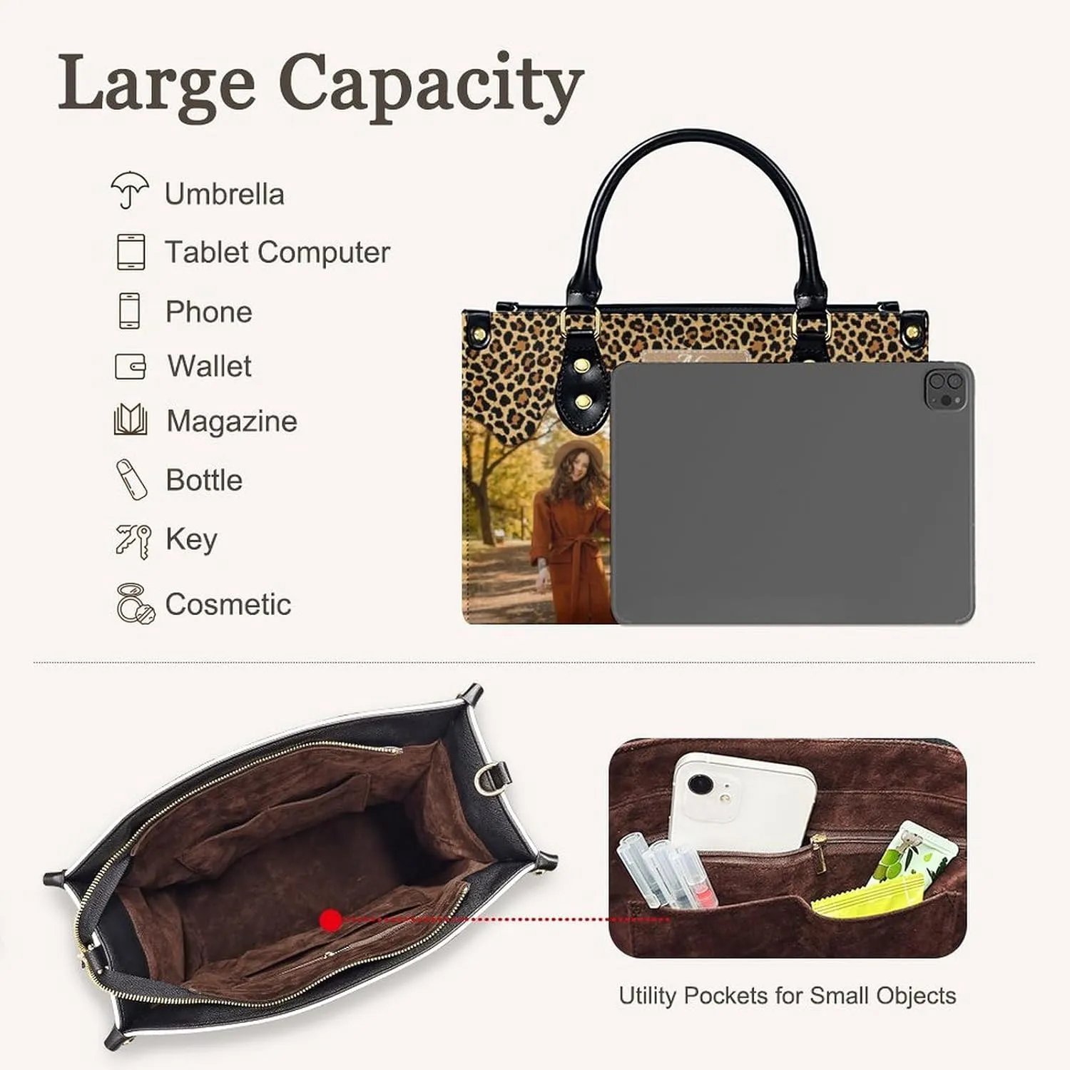 Custom Handbag for Women - Leather Tote Bag with Name, Photo for Mom, Teacher - Fashion Gifts for Birthday, Wedding