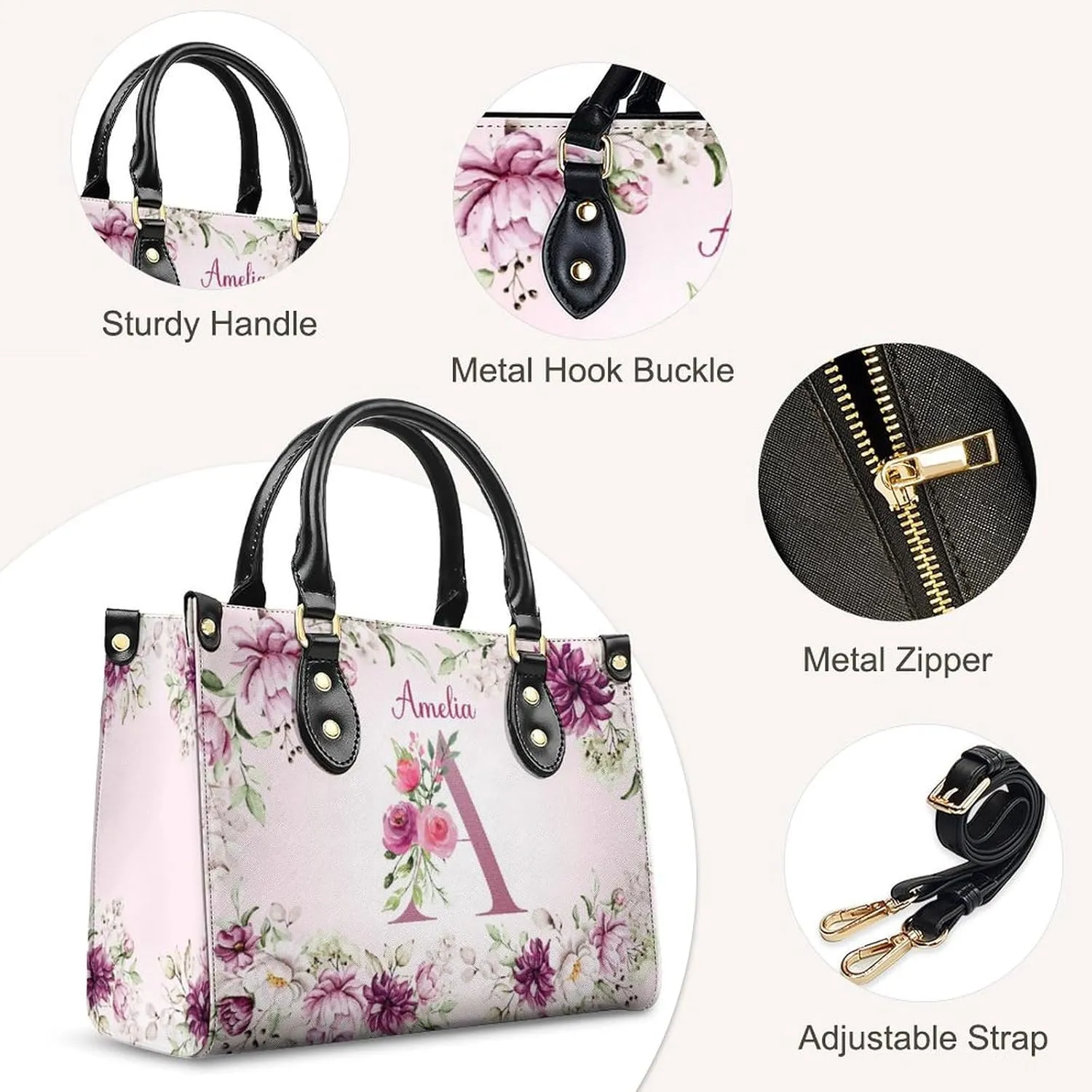 Custom Handbag for Women - Leather Tote Bag with Name, Photo for Mom, Teacher - Fashion Gifts for Birthday, Wedding