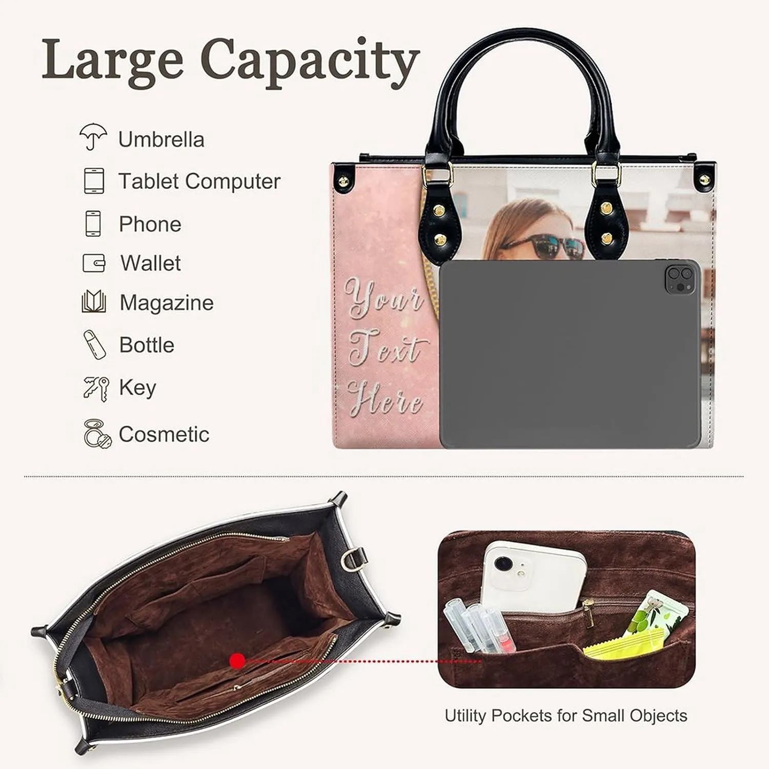 Custom Handbag for Women - Leather Tote Bag with Name, Photo for Mom, Teacher - Fashion Gifts for Birthday, Wedding