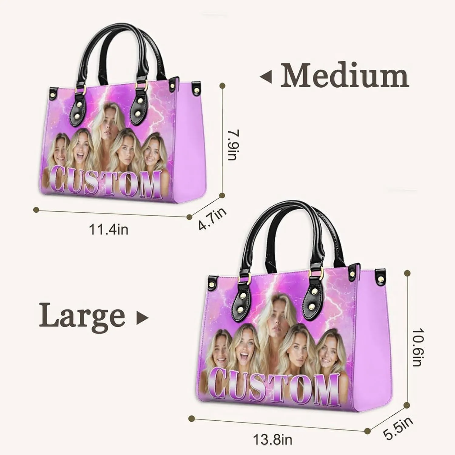 Custom Handbag for Women - Leather Tote Bag with Name, Photo for Mom, Teacher - Fashion Gifts for Birthday, Wedding