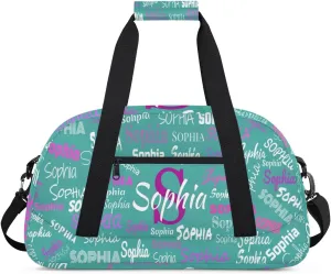 Custom Name Sports Dance Duffel Bag, Personalized Gym Cheerleading Bag Travel Weekender Tote Carry-On Fitness Perform Bag, Dark Turquoise Blue