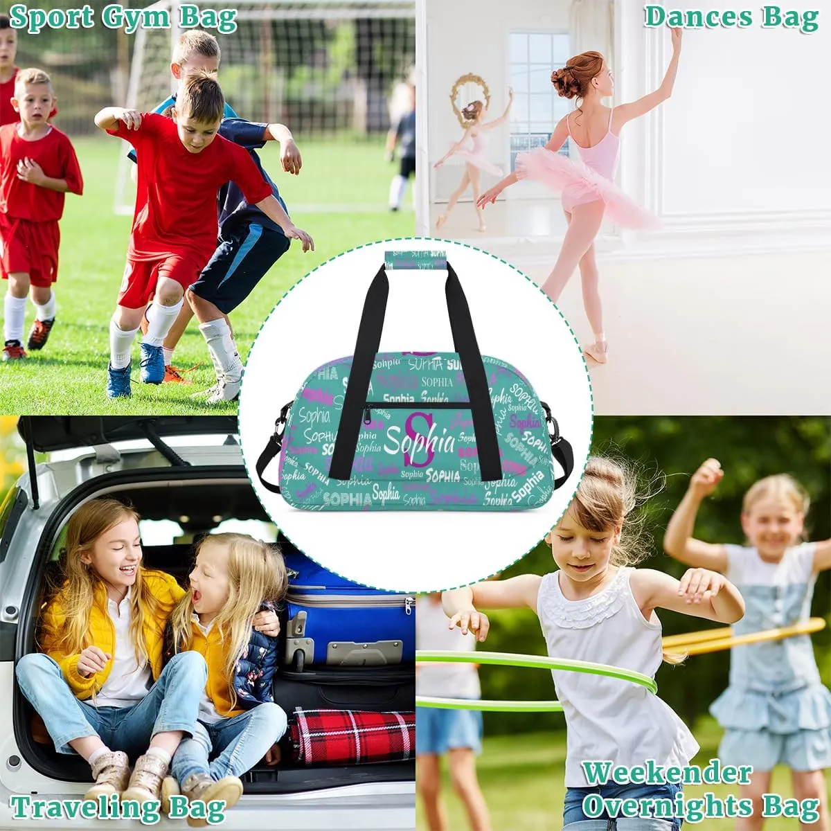 Custom Name Sports Dance Duffel Bag, Personalized Gym Cheerleading Bag Travel Weekender Tote Carry-On Fitness Perform Bag, Dark Turquoise Blue