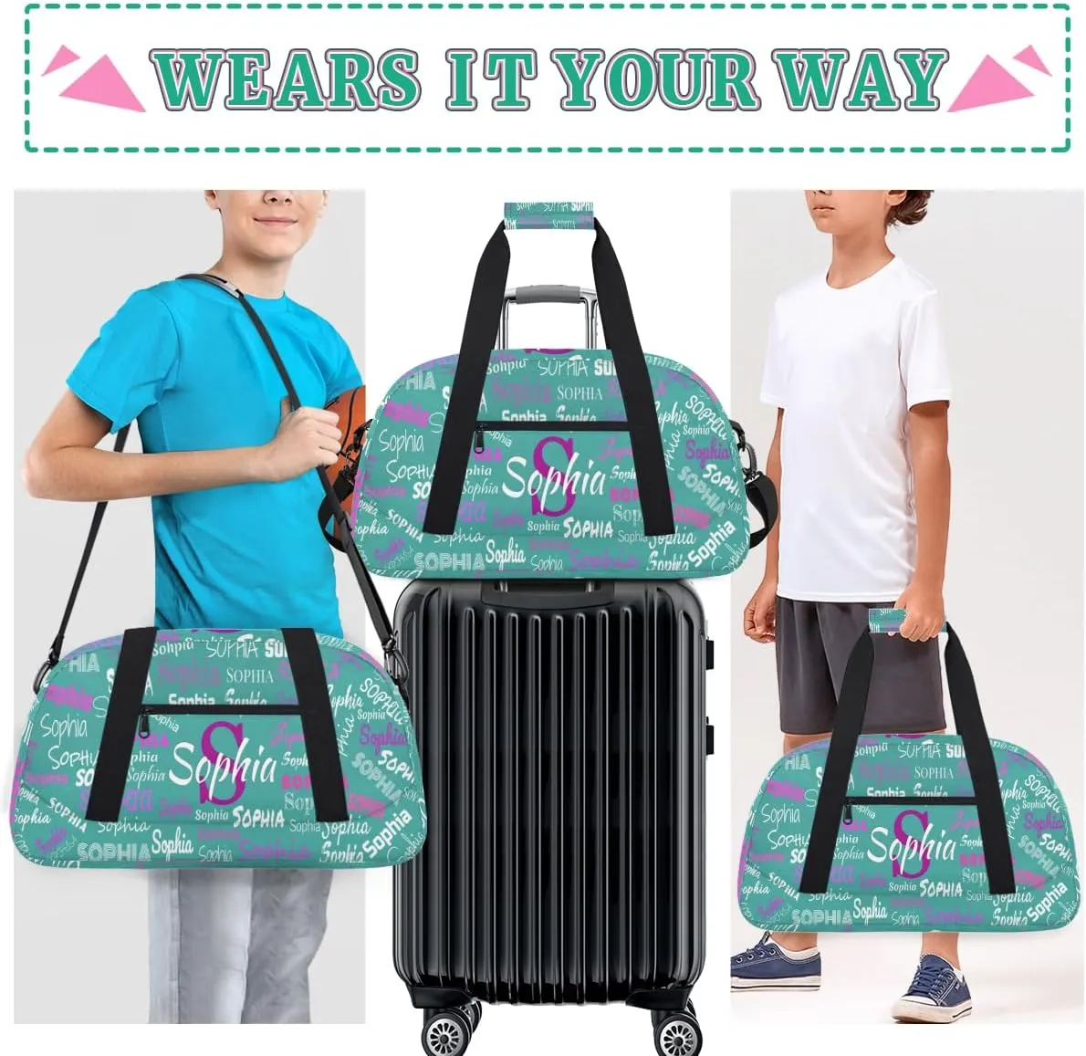 Custom Name Sports Dance Duffel Bag, Personalized Gym Cheerleading Bag Travel Weekender Tote Carry-On Fitness Perform Bag, Dark Turquoise Blue