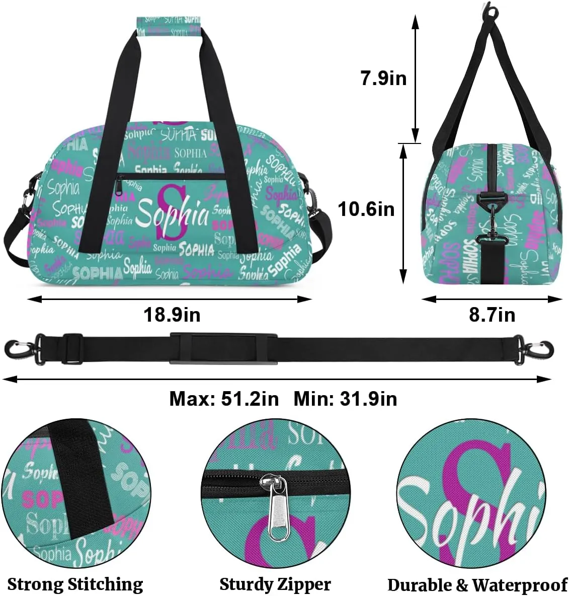 Custom Name Sports Dance Duffel Bag, Personalized Gym Cheerleading Bag Travel Weekender Tote Carry-On Fitness Perform Bag, Dark Turquoise Blue